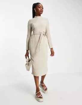 Платье миди с длинными рукавами и поясом оби ASOS DESIGN из камня