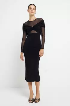 Платье миди с длинными рукавами из сетчатой ткани River Island, черный