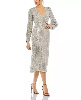 Платье миди с длинными рукавами Mac Duggal, серебряный