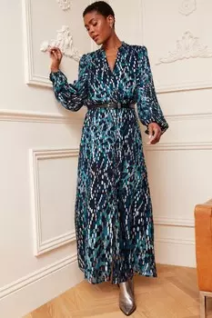 Платье миди с длинными рукавами V-образным вырезом и поясом Love & Roses, синий