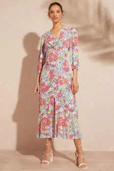 Платье миди с длинными рукавами V-образным вырезом и драпировкой спереди Love & Roses, розовый