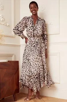 Платье миди с длинными рукавами завязкой на шее и рюшами Love & Roses, розовый