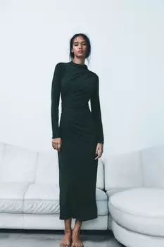 Платье миди с драпированной платьей ZARA, цвет bottle green