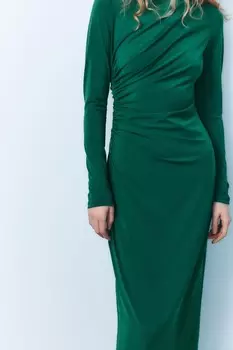 Платье миди с драпированной платьей ZARA, темно-зеленый