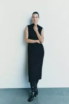 Платье миди с драпированной платьей ZARA, черный