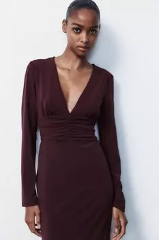 Платье миди с драпированной платьей ZARA, бордовый