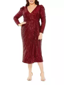 Платье миди с драпировкой и блестками Mac Duggal, цвет wine