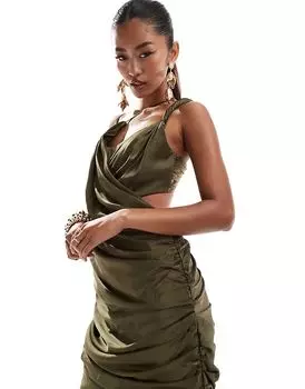 Платье миди с драпировкой и перекрученными плечами цвета хаки ASOS DESIGN