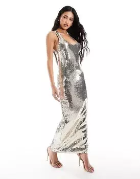 Платье миди с глубоким круглым вырезом и прозрачными пайетками серебристого цвета ASOS DESIGN