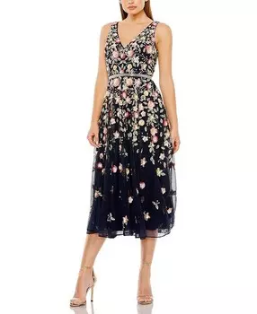 Платье миди с глубоким V-образным вырезом и вышивкой Mac Duggal, мультиколор