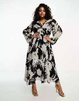 Платье миди с глубоким вырезом и плиссировкой ASOS DESIGN Curve