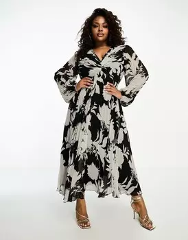 Платье миди с глубоким вырезом и плиссировкой ASOS DESIGN Curve