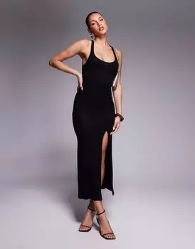 Платье миди с глубоким вырезом и сборкой на спине ASOS DESIGN черного цвета