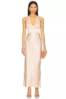 Платье миди с глубоким вырезом и завязками на шее La lune от Shona Joy, peach