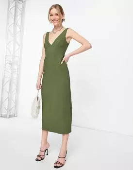 Платье миди с глубоким вырезом и глубоким вырезом в рубчик ASOS DESIGN