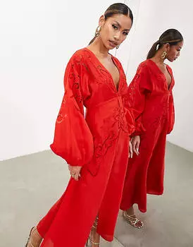 Платье миди с глубоким вырезом и вырезом на талии ASOS EDITION томатно-красного цвета