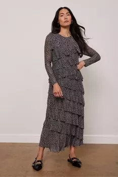 Платье миди с гофрированным принтом и оборками Mint Velvet, черный