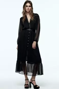 Платье миди с горизонтальной сеткой и поясом ZARA, черный