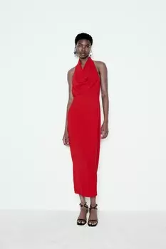 Платье миди с халтером ZARA, красный