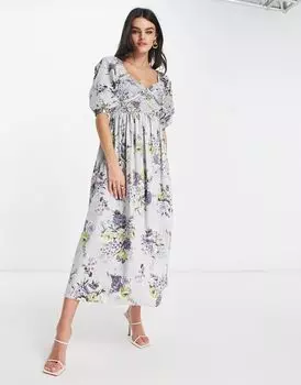 Платье миди с хлопковым корсетом и цветочным принтом ASOS DESIGN
