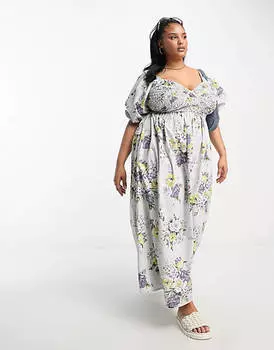 Платье миди с хлопковым корсетом и цветочным принтом ASOS DESIGN Curve