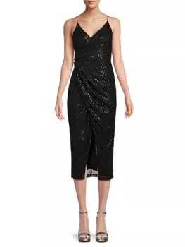 Платье миди с искусственным запахом и пайетками Area Stars, черный