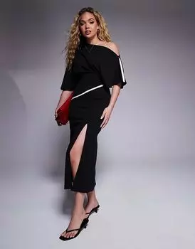 Платье миди с контрастной отделкой и спущенным плечом ASOS DESIGN