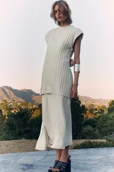 Платье миди с контрастными плиссами ZARA, светло-бежевый