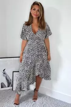 Платье миди с коротким рукавом Черное с принтом и рюшами внизу AX Paris, черный