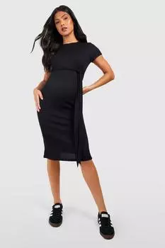 Платье миди с коротким рукавом для материалов в ребку с поясом Boohoo, черный