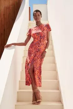 Платье миди с короткими рукавами ампир и принтом Love & Roses, оранжевый