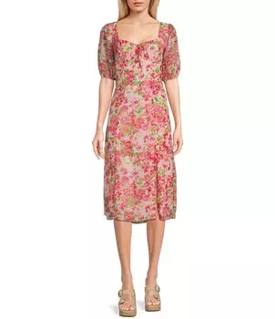 Платье миди с короткими рукавами-буфами и цветочным принтом B. Darlin, розовый