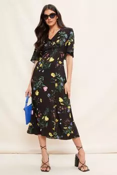 Платье миди с короткими рукавами и V-образным разрезом черное с цветами Friends Like These, черный