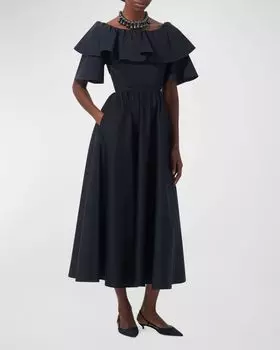 Платье миди с короткими рукавами и многоярусными рюшами Carolina Herrera, цвет Midnight