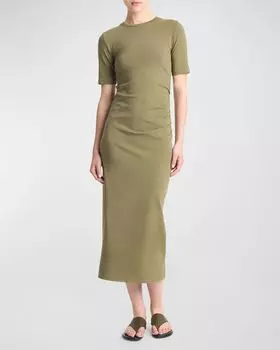 Платье миди с короткими рукавами и драпировкой по бокам Vince, цвет Olive Smoke