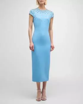 Платье миди с короткими рукавами и вышивкой кристаллами Oscar de la Renta, цвет Pastel Blue