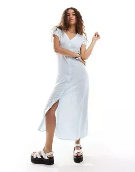 Платье миди с короткими рукавами и пуговицами спереди в мелкий голубой цветочный принт Monki