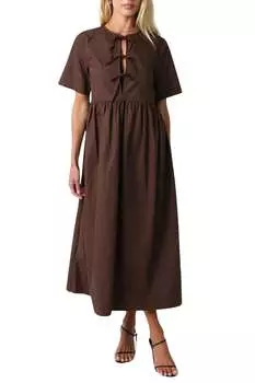 Платье миди с короткими рукавами и завязкой спереди в шоколадно-коричневом цвете OLIVACEOUS