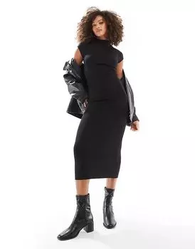 Платье миди с короткими рукавами и высоким воротом черного цвета Pull&Bear