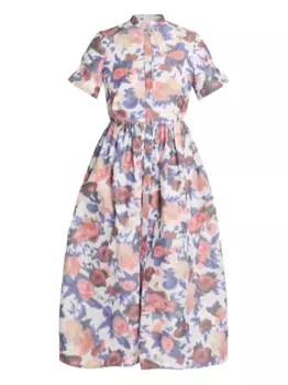 Платье миди с короткими рукавами и цветочным принтом ERDEM, синий