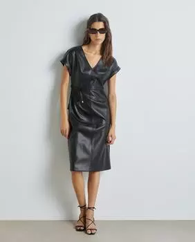 Платье миди с короткими рукавами и эффектом кожи Easy Wear, черный