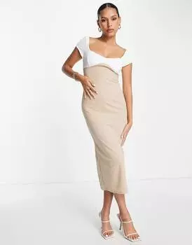 Платье миди с короткими рукавами и короткими рукавами ASOS DESIGN в стиле колор-блок кремово-верблюжьего цвета