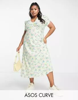Платье миди с короткими рукавами и рюшами на груди ASOS DESIGN Curve пастельных цветов