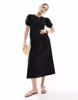 Платье миди с короткими рукавами из смеси потертого трикотажа и поплина черного цвета Threadbare