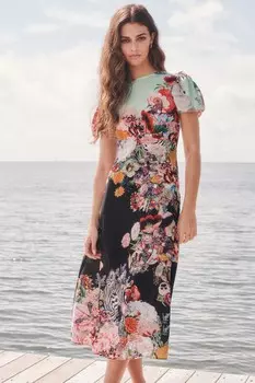 Платье миди с короткими рукавами Mary Katrantzou Черное с цветами Lipsy, черный