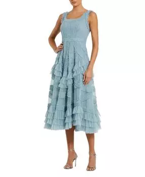 Платье миди с круглым вырезом, без рукавов, из сетки с мелкой рюшей Mac Duggal, синий