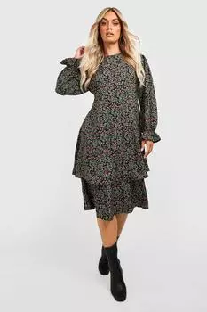 Платье миди с круглым вырезом и оборочками Boohoo, леопардовый