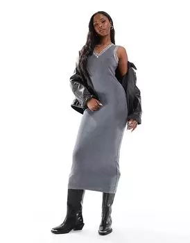 Платье миди с круглым вырезом, кружевной отделкой и розеткой в угольно-угольном цвете Daisy Street