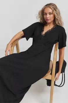 Платье миди с кружевной отделкой из вафельного полотна Simply Be, черный