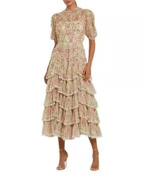Платье миди с кружевной отделкой, принтом и высоким воротником из сетки Mac Duggal, мультиколор